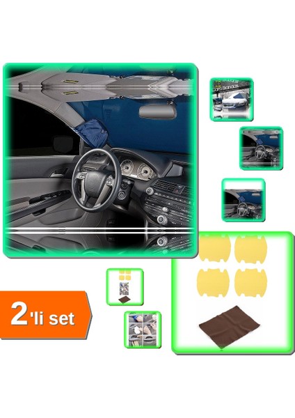 Büyük Boy Araç Ön Cam Brandası 150X70 cm + Koruyucu Sticker Film ve Mendil 5 Parça - 2li Set M9D3B3