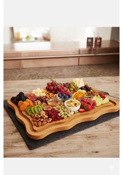 3'lü Köşeli Ahşap Bambu Görünümlü Sunum Tepsisi 3 Boy Ahşap Sunumluk