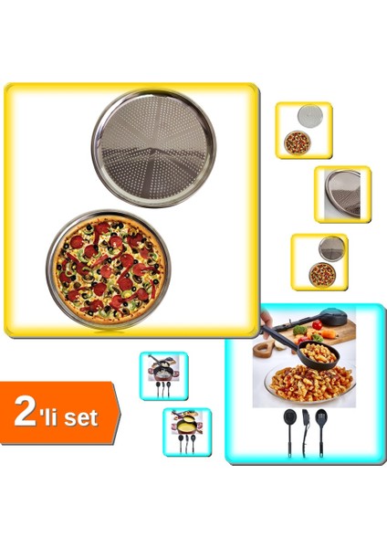 Delikli Çelik Pizza Tepsisi Orta Boy 32 cm + 3 In 1 Isıya Dayanıklı Servis Kepçesi - 2li Set Y1K3K7