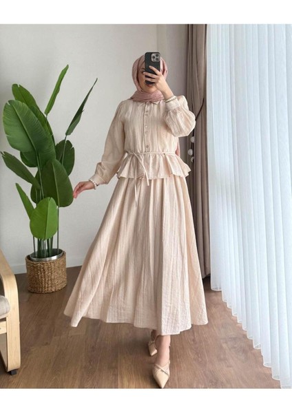 Kadın Fırfır Gömlekli Etekli Takım M2512 - Bej