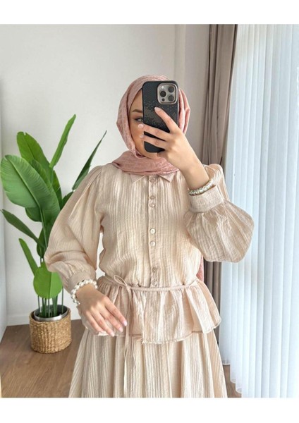 Kadın Fırfır Gömlekli Etekli Takım M2512 - Bej fırsatları