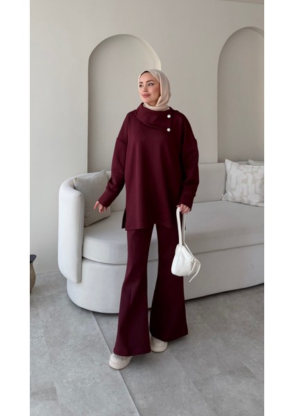 Kadın Taşlı Şal Yaka Ikili Scuba Takım M7083 - Bordo