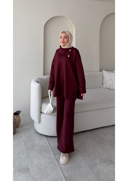 Kadın Taşlı Şal Yaka Ikili Scuba Takım M7083 - Bordo fiyatları