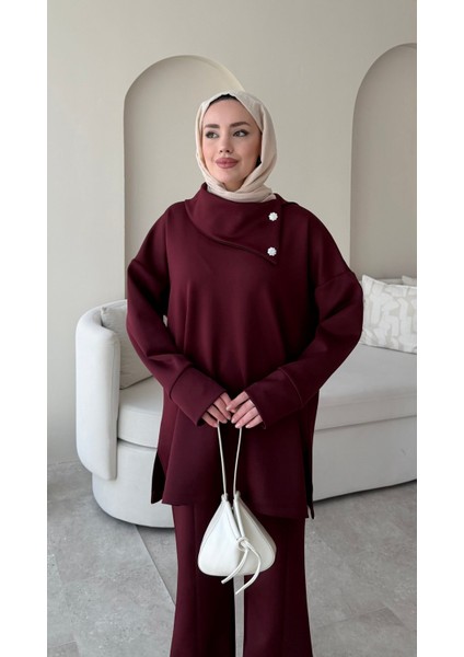 Kadın Taşlı Şal Yaka Ikili Scuba Takım M7083 - Bordo modelleri