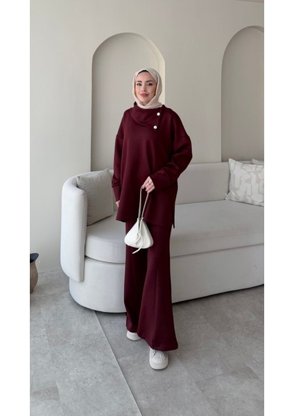 Kadın Taşlı Şal Yaka Ikili Scuba Takım M7083 - Bordo fırsatları