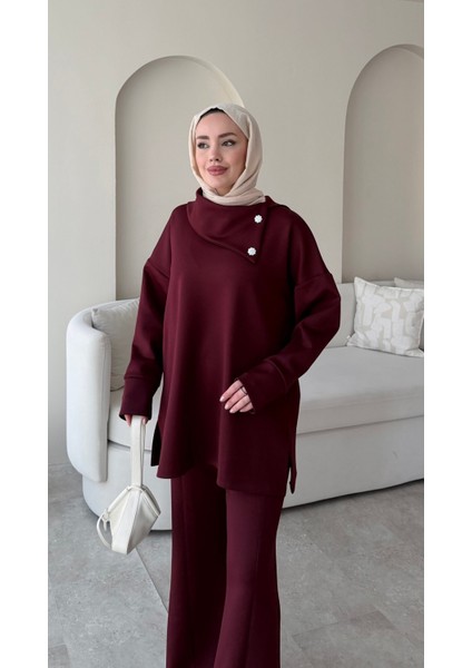 Kadın Taşlı Şal Yaka Ikili Scuba Takım M7083 - Bordo indirimleri