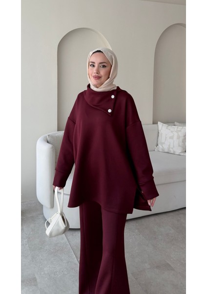 Kadın Taşlı Şal Yaka Ikili Scuba Takım M7083 - Bordo