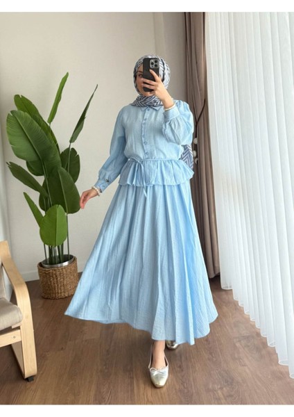 Kadın Fırfır Gömlekli Etekli Takım M2512 - Bebe Mavisi