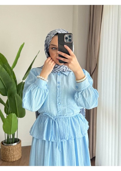 Kadın Fırfır Gömlekli Etekli Takım M2512 - Bebe Mavisi fırsatları