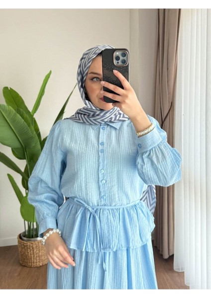 Kadın Fırfır Gömlekli Etekli Takım M2512 - Bebe Mavisi indirimleri