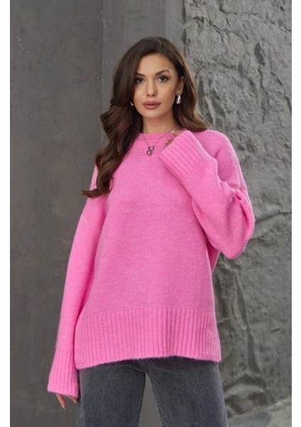 Kadın Bisiklet Yaka Oversize Kazak - Pembe