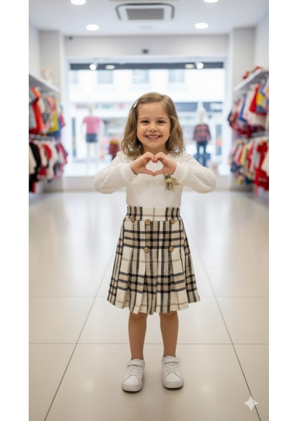 Çiçek Detaylı Ekose Etekli Kız Çocuk Takım fiyatları