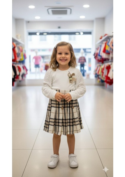 Çiçek Detaylı Ekose Etekli Kız Çocuk Takım fırsatları