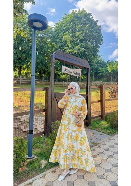 Kadın Çiçek Desenli Robalı Elbise M1001 - Sarı