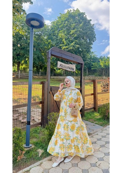 Kadın Çiçek Desenli Robalı Elbise M1001 - Sarı modelleri