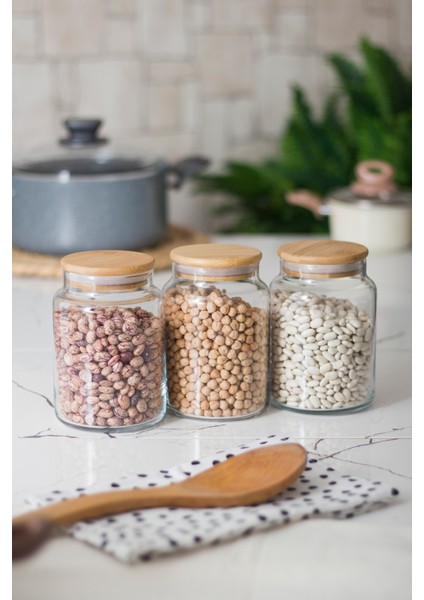 3 Lü Set Bambu Kapaklı Cam Kavanoz & Erzak Saklama Kabı 800 ml Orta Boy ( Vakum Kapak ) fiyatları