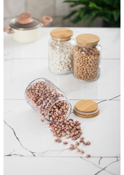 3 Lü Set Bambu Kapaklı Cam Kavanoz & Erzak Saklama Kabı 800 ml Orta Boy ( Vakum Kapak ) indirimleri