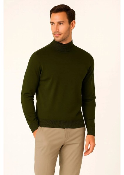 Erkek Yarım Boğaz Triko Kazak Yumuşak Dokulu Pamuklu Ince Dokuma, Uzun Kollu Rahat Regular Kalıp - Haki