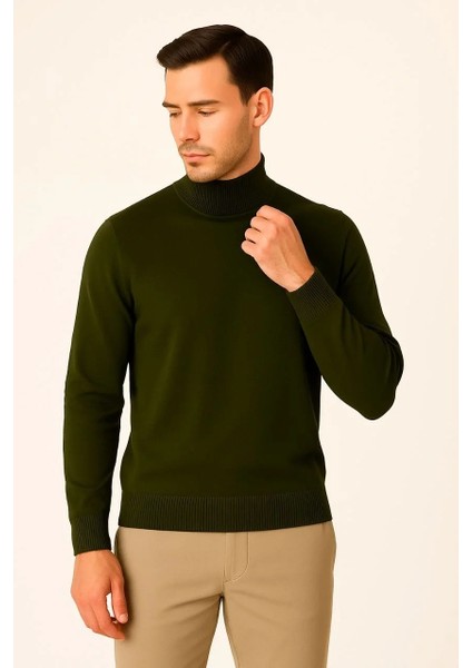 Erkek Yarım Boğaz Triko Kazak Yumuşak Dokulu Pamuklu Ince Dokuma, Uzun Kollu Rahat Regular Kalıp - Haki fiyatları