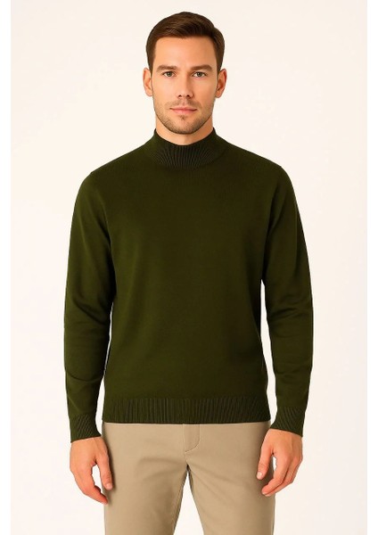 Erkek Yarım Boğaz Triko Kazak Yumuşak Dokulu Pamuklu Ince Dokuma, Uzun Kollu Rahat Regular Kalıp - Haki fırsatları