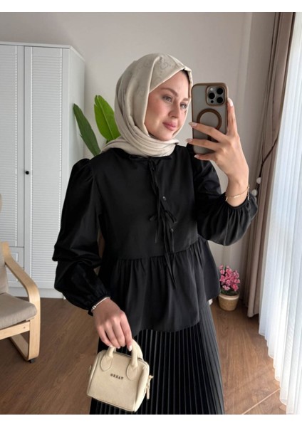 Kadın Balon Kol Etek Üstü Gömlek M1111 - Siyah