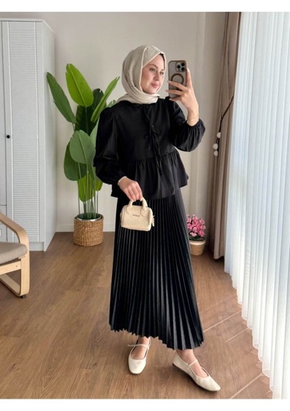 Kadın Balon Kol Etek Üstü Gömlek M1111 - Siyah modelleri