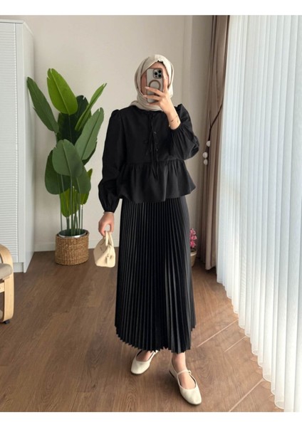 Kadın Balon Kol Etek Üstü Gömlek M1111 - Siyah fırsatları
