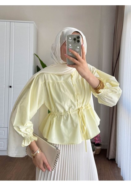 Kadın Etek Üstü Belden Büzgülü Gömlek M24140 - Sarı