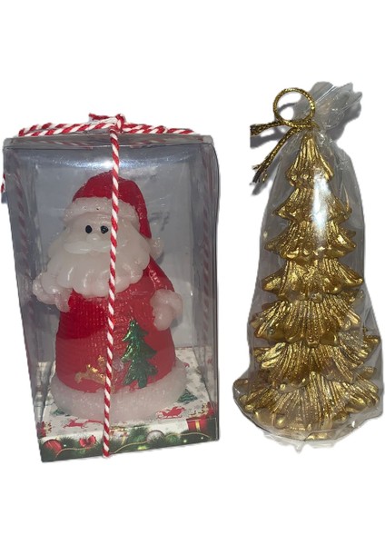 Yılbaşı Dekoratif Noel Baba Mum + Çam Ağacı 2'si Bir Arada