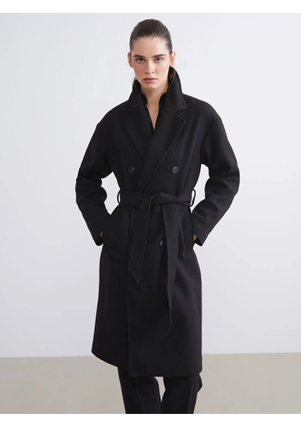 Lcw Vision Siyah Kruvaze Yaka Kadın Kaşe Kaban