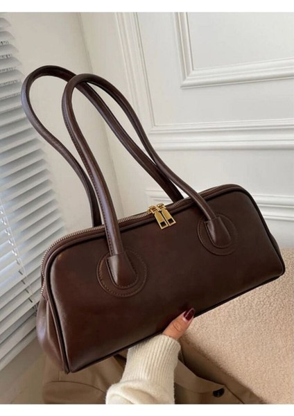 Kahverengi Kadın Baget Model El ve Omuz Çantası – Çift Fermuarlı, Uzun Saplı fırsatları