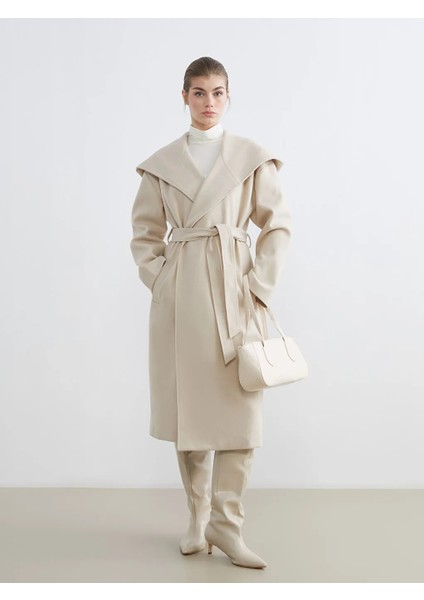 Lcw Modest Bej Kapüşonlu Kadın Kaşe Kaban