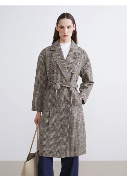 Lcw Vision Kahverengi Kruvaze Yaka Desenli Kadın Kaşe Kaban