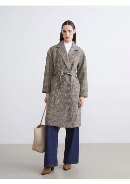 Lcw Vision Kahverengi Kruvaze Yaka Desenli Kadın Kaşe Kaban fiyatları