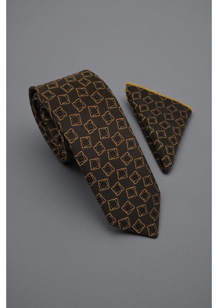 Geometrik Desen Kahve Kravat & Mendil