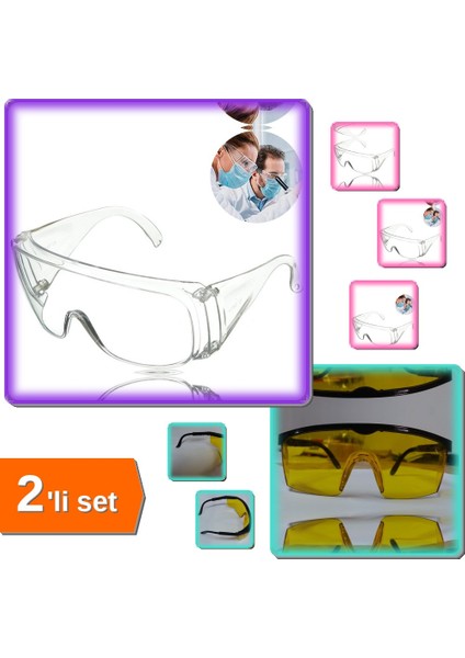Laboratuvar Gözlüğü - Çapak Gözlüğü Şeffaf + Korumalı Laboratuvar Gözlüğü Sarı - 2li Set U3S2P8