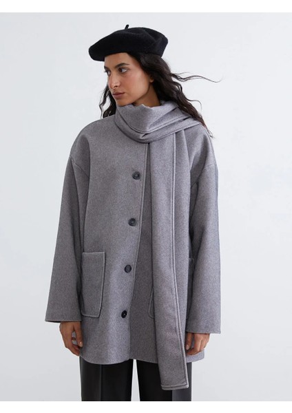 Lcw Modest Gri Bisiklet Yaka Atkılı Kadın Kaşe Kaban