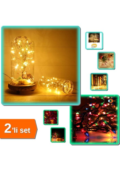 Peri LED Işık Gün Işığı Dekor 100 Ledli 10MT + 30 Ledli Pirinç Renkli Işık 2mt - 2li Set L3T8A4