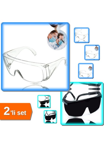 Laboratuvar Gözlüğü - Çapak Gözlüğü Şeffaf + Korumalı Laboratuvar Gözlüğü Siyah - 2li Set J9T3A0