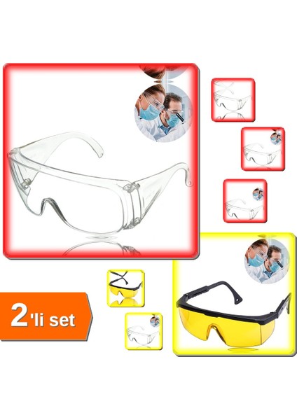 Laboratuvar Gözlüğü - Çapak Gözlüğü Şeffaf + Sarı Çapak Gözlüğü - 2li Set H1C5E6