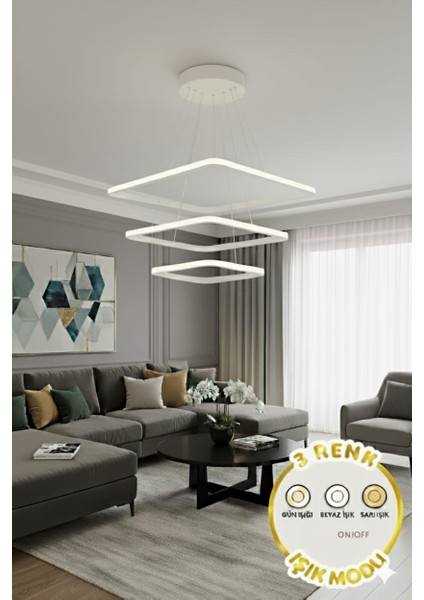 Frieza Kare Beyaz Kasa 3 Renk Işıklı LED Avize-Kumandasız