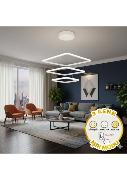 Frieza Kare Beyaz Kasa 3 Renk Işıklı LED Avize-Kumandasız modelleri