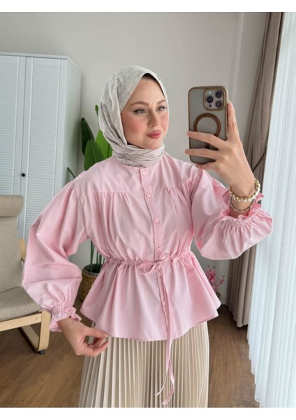 Kadın Etek Üstü Belden Büzgülü Gömlek M24140 - Pembe