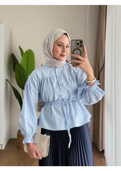 Kadın Etek Üstü Belden Büzgülü Gömlek M24140 - Bebe Mavisi