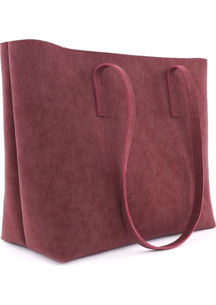 Lune Kadın Nubuk Su Geçirmez Büyük Boy Geniş Hacimli El ve Omuz Çantası Bordo