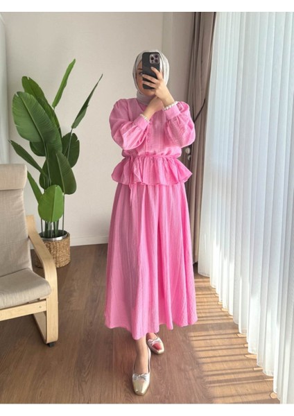 Kadın Fırfır Gömlekli Etekli Takım M2512 - Pembe fırsatları
