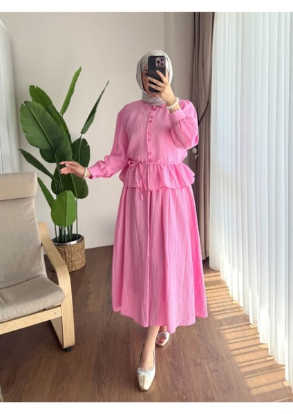 Kadın Fırfır Gömlekli Etekli Takım M2512 - Pembe indirimleri