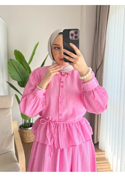 Kadın Fırfır Gömlekli Etekli Takım M2512 - Pembe