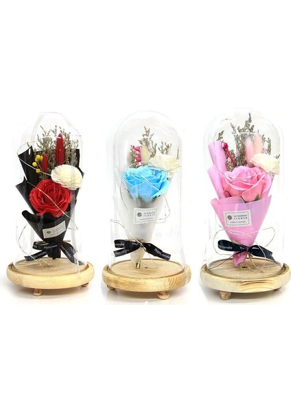 Fanus Gül 28/14CM Cam Fanus LED Işıklı Hediyelik