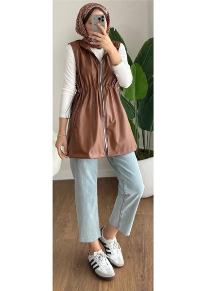 Kadın Fermuarlı Deri Yelek M2481 - Kahverengi